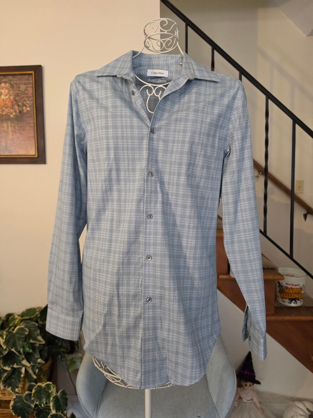 Calvin Klein Steel+ Light Blue Plaid Dress Shirt Slim Fit Stretch Wrinkle Free
